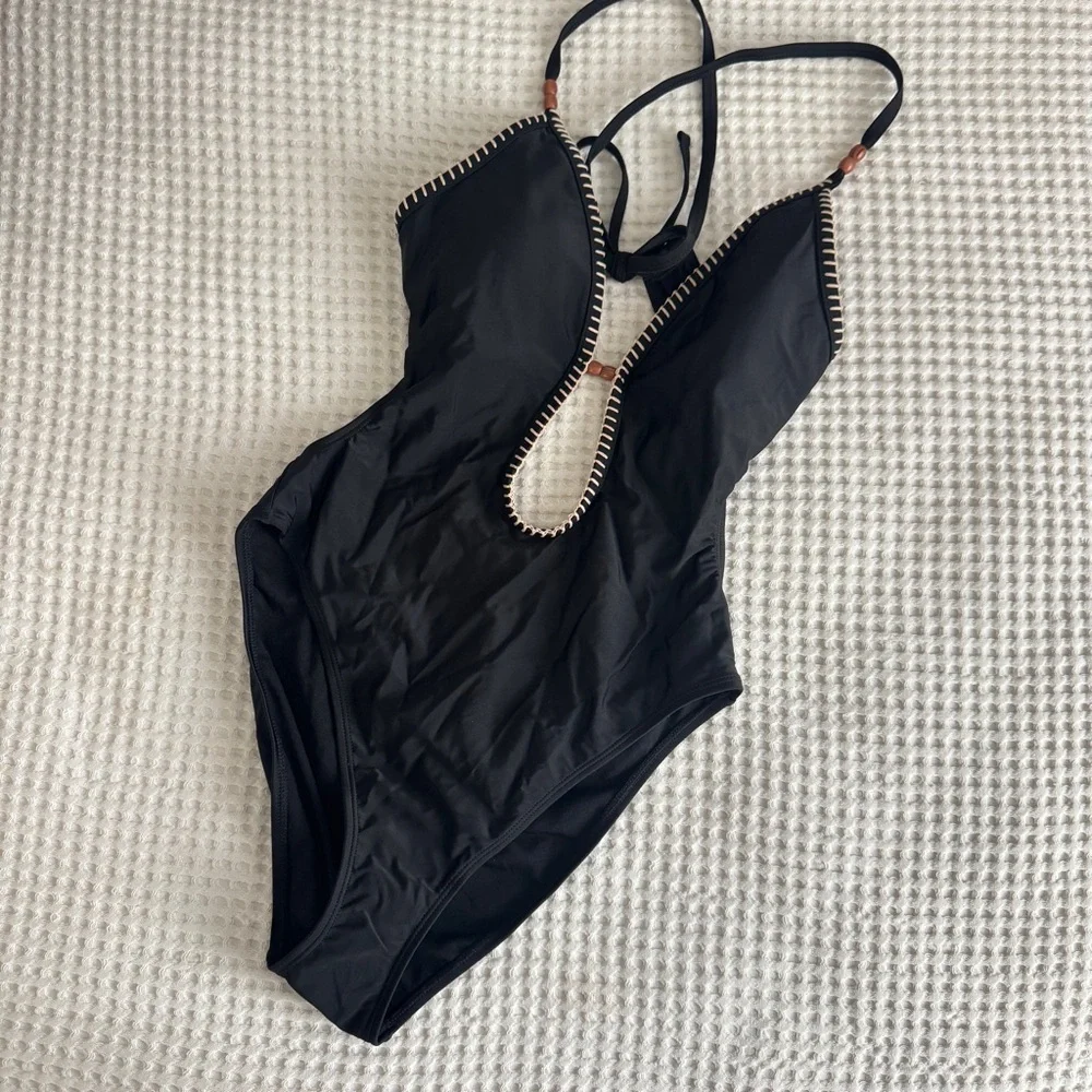 Women’s Black Plunge One-Piece Swimsuit with Decorative Trim Shade & Shore NWOT - Picture 3 of 8